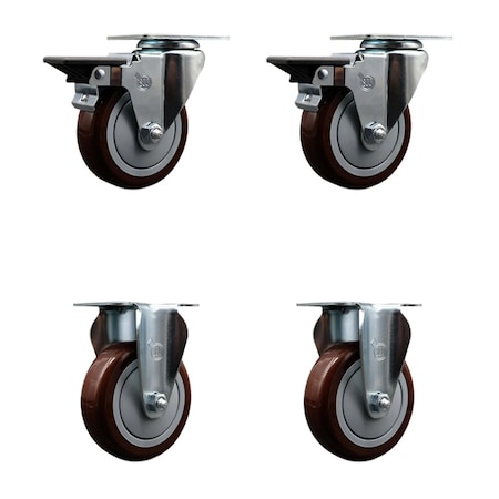 Service Caster 4'' Maroon Poly Wheel Swivel Top Plate Caster Set with 2 Posi Brakes 2 Rigid, 4PK SCC-20S414-PPUB-MRN-PLB-2-R-2